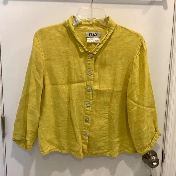 Flax 100% Linen Oversized Button Down Canary Yellow Shirt Small - Picture 2 of 9